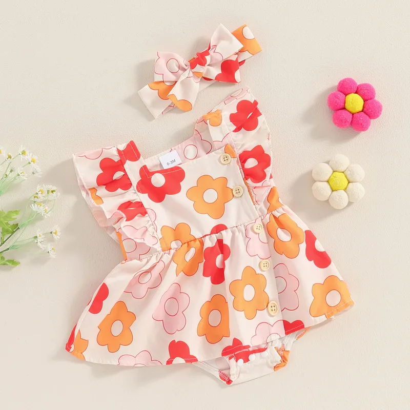 

Baby Girls Bodysuit 2Pcs Summer Outfits Ruffle Sleeveless Floral Print Romper Dress + Headband Set Newborn Clothes