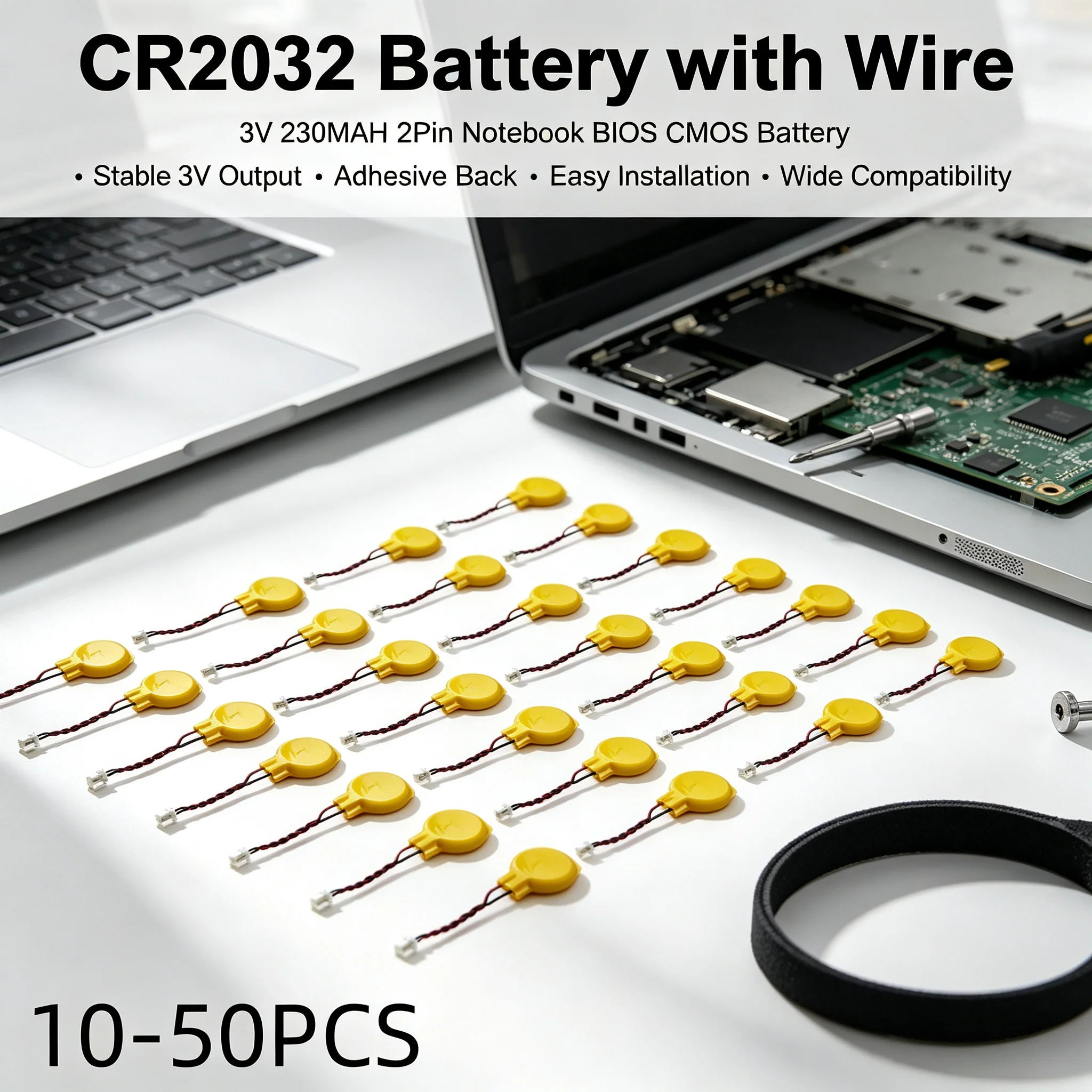 10-50Pcs CR2032 Battery Wires 2Pin Notebook BIOS CMOS Battery-Laptop Battery Motherboard Battery 3V With Adhesiv 230MAH