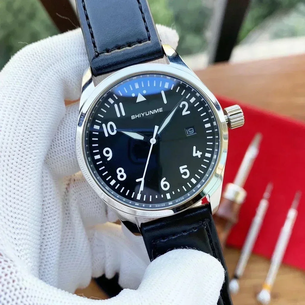 WATCH1 Store  Pilot 40MM Sport Mens Automatic Black And Blue Leather Reloj Hombre Watch Stainless Steel Logo VXIII