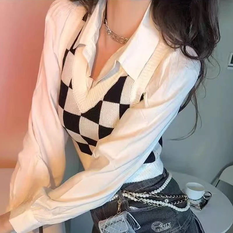 Otoño Invierno mujer suéter chaleco abrigos a cuadros con cuello en V sin mangas prendas de vestir exteriores Crop Top negro blanco