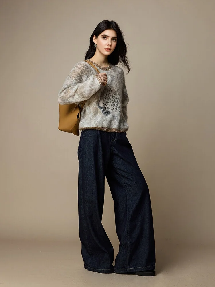 SuyaDream, pulls Mohair pour femmes, pulls imprimés en mélange de laine, col rond, haut à la mode automne-hiver 2025, motif de chat