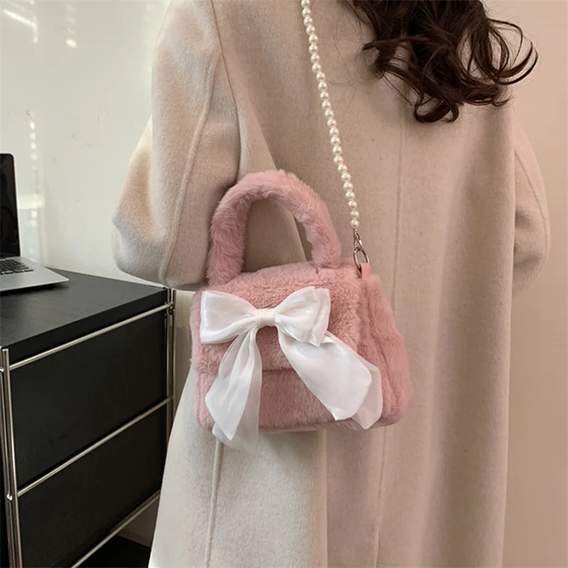 Cute Plush Pearls Chain Women Clutch Purse Handbags Pink Bowknot Crossbody Bags Sweet Girl's Small Square Shoulder Messenger Bag