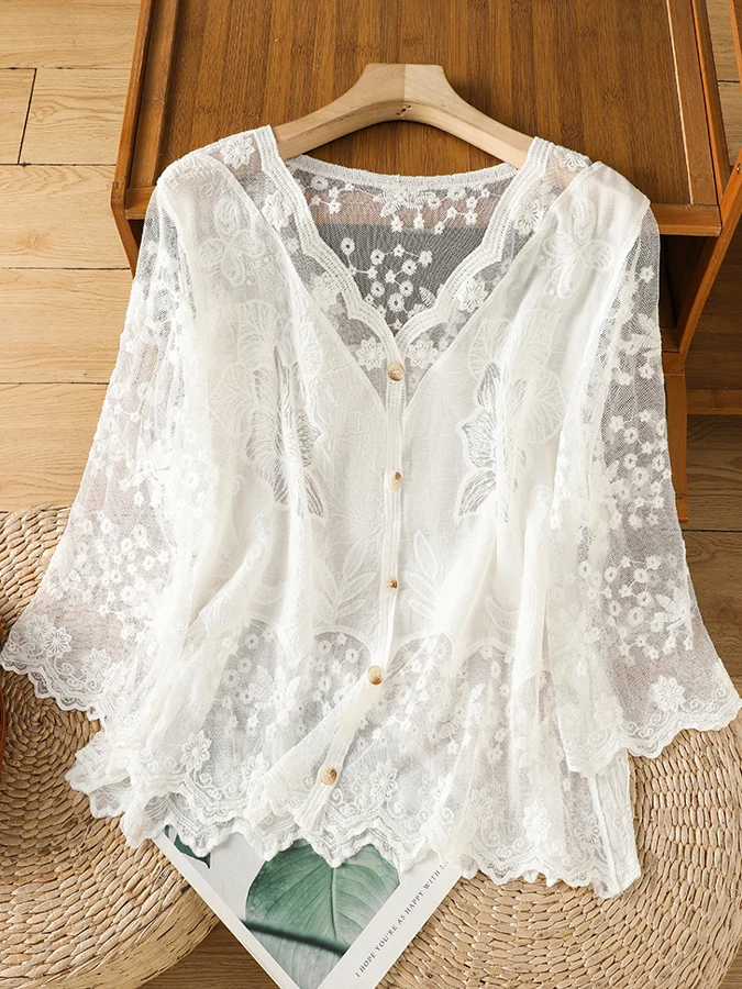 Lace Hollow out Seven Sleeve Shirt Women's Spring Summer plus Size Slimming Tummy Covering Small Shirt Top Elegant Style