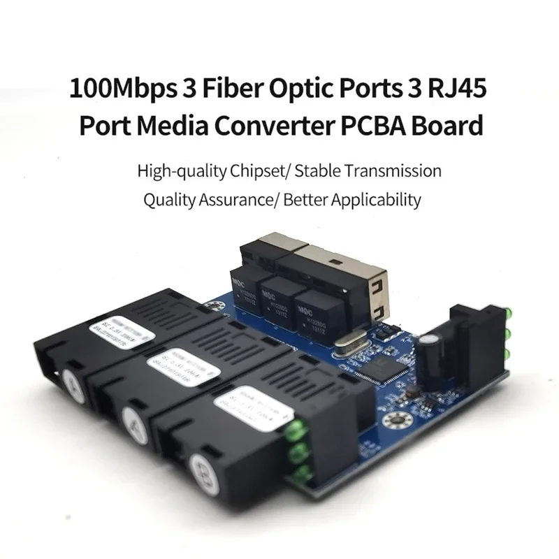 Placa metro switch Ethernet fibra 100M PCBA Board Optic Media Converter 20km 3 Fiber 3 RJ45 Support RPOE Simplex SC Fiber Switch