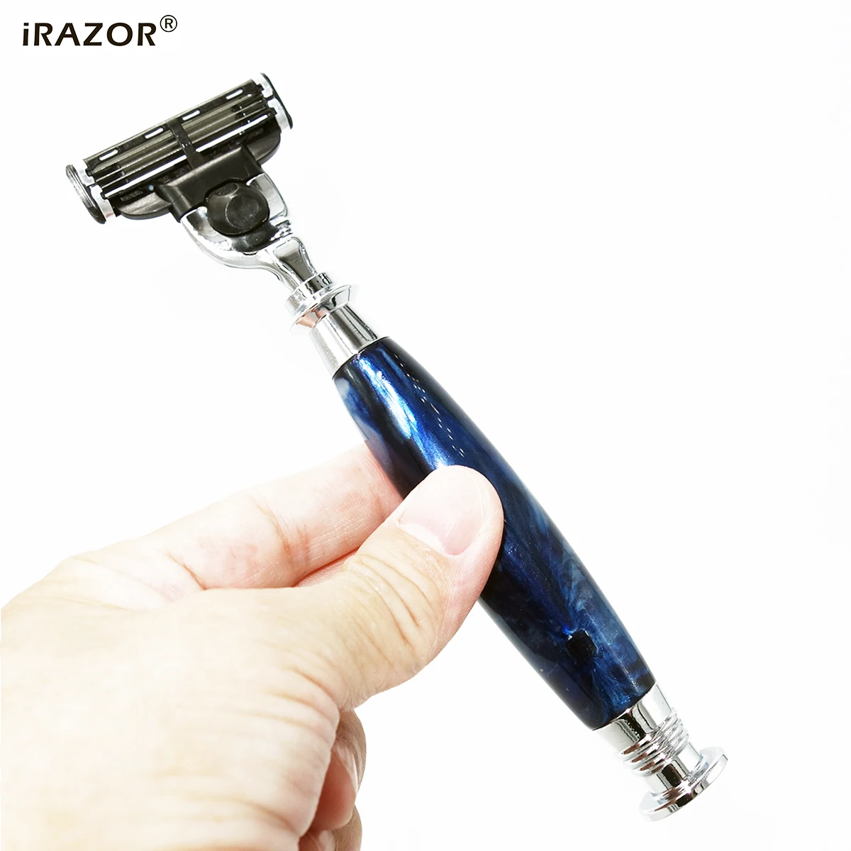iRAZOR Men's Manual Mach 3 Safety Razor for Beard And Body Hair Shaving with Royal Blue Handle Holder - Gift for Husband Father