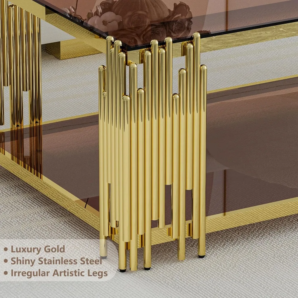Modern Rectangular Brown Glass Coffee Table with Gold Accents and Stainless Steel Legs
