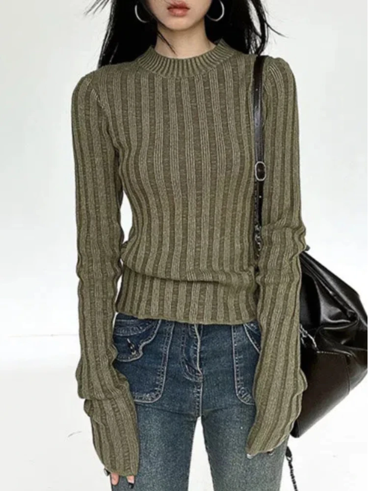 

Vintage Green Crop Sweater Women Fairy Grunge Striped Pullover Casual Slim Knitted Jumper Harajuku Fashion Sueter Mujer Chic