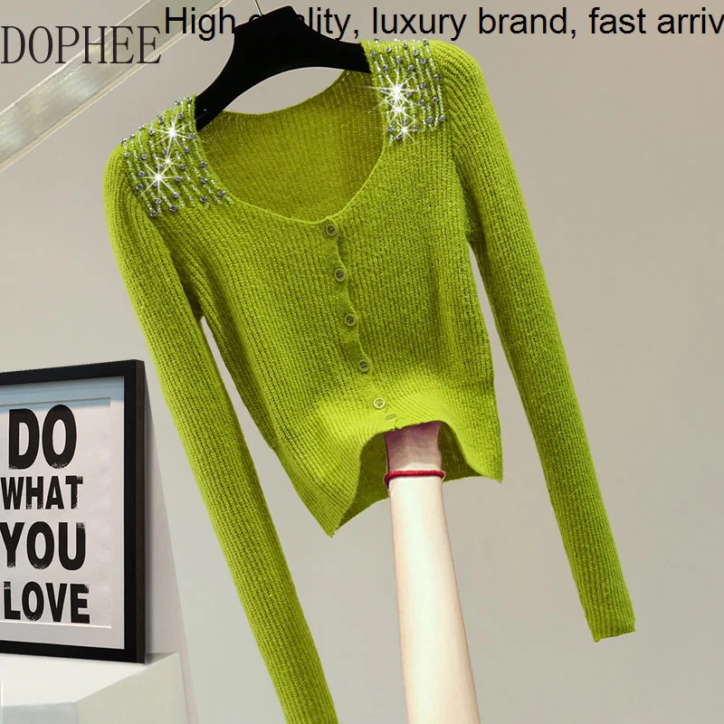 

Long-sleeved Beaded Diamond Short Sweaters 2023 New Autumn Solid Color High Waist Thin Green Jumpers Women Slim Knitted Tops