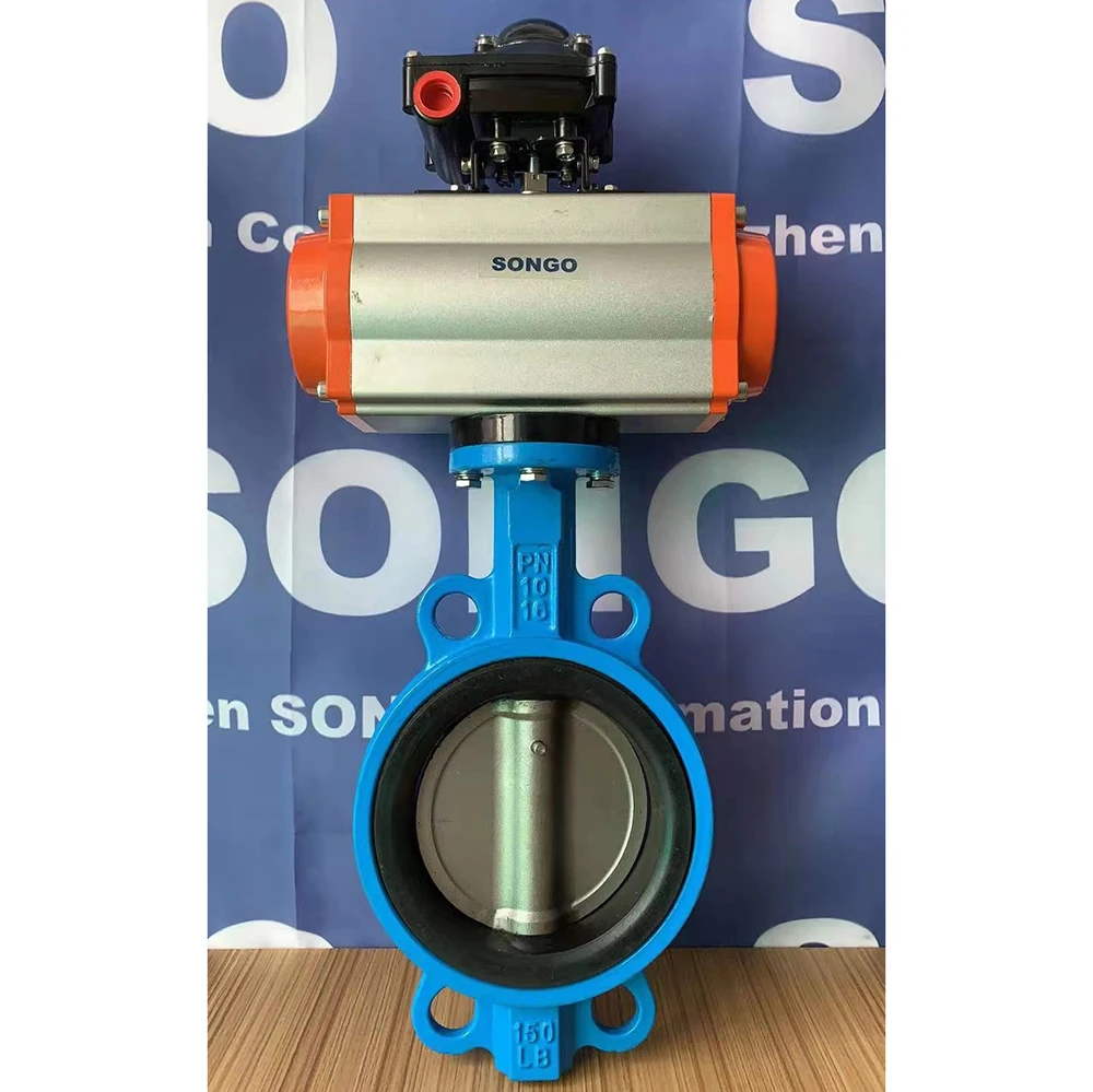 DN100 4 inch PN16 EPDM Rubber Seat Wafer Type Ductile Iron  Double Acting butterfly valves with pneumatic actuator