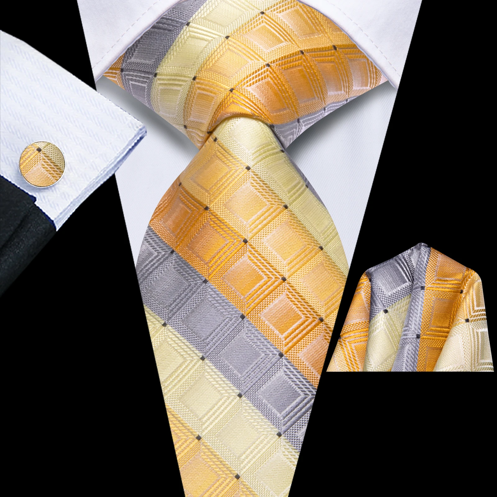 Hi-Tie Men Fashion Necktie Yellow Orange Brown Handkerchief Cufflinks for Tuxedo Accessory Classic Silk Luxury Gift Tie