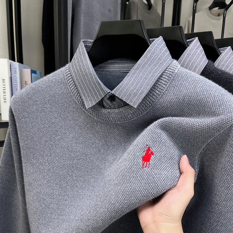 

Personality fake two pieces men knitted sweater luxury designer brand Paul pony embroidery fashion striped shirt collar pullover