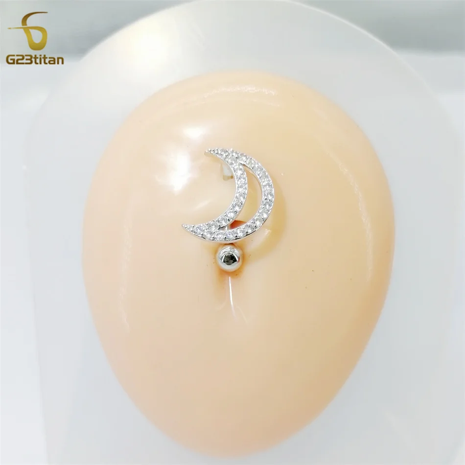 G23 titan 6-16mm 14G Titanium Bar Reverse Belly Ring Silver Color White Crystal Heart Round Moon Flower Navel Piercing Jewelry