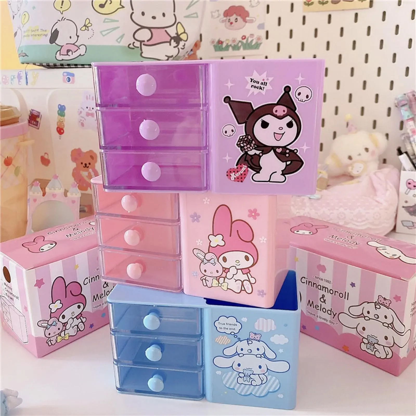 Cartoon Sanrio Kuromi Mymelody Cinnamoroll Desktop Storage Box Three-Layer Drawer Student School Pen Holder Stationery Supplies