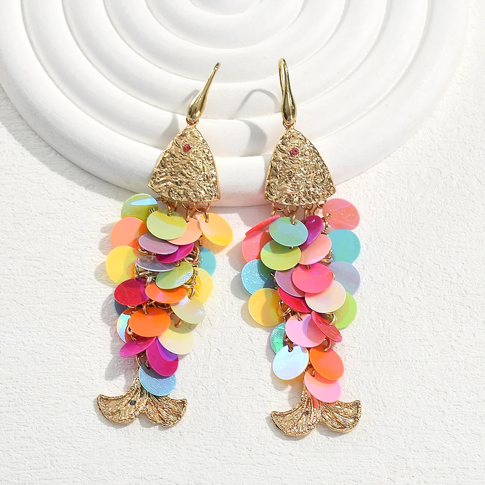 Vintage Colorful Shell Fish-shaped Tassel Drop Earrings for Woman Creative Handmade Fish Scale Long Dangle Earrings Jewelry