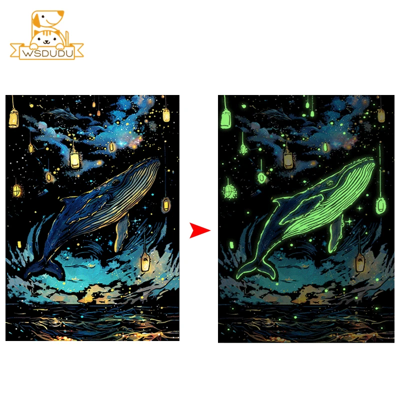 4 pezzi Glow in The Dark Whale Butterfly Scratch Painting Paper Art disegno magico giocattolo fai da te con penna Craft Card Game bambino regalo per