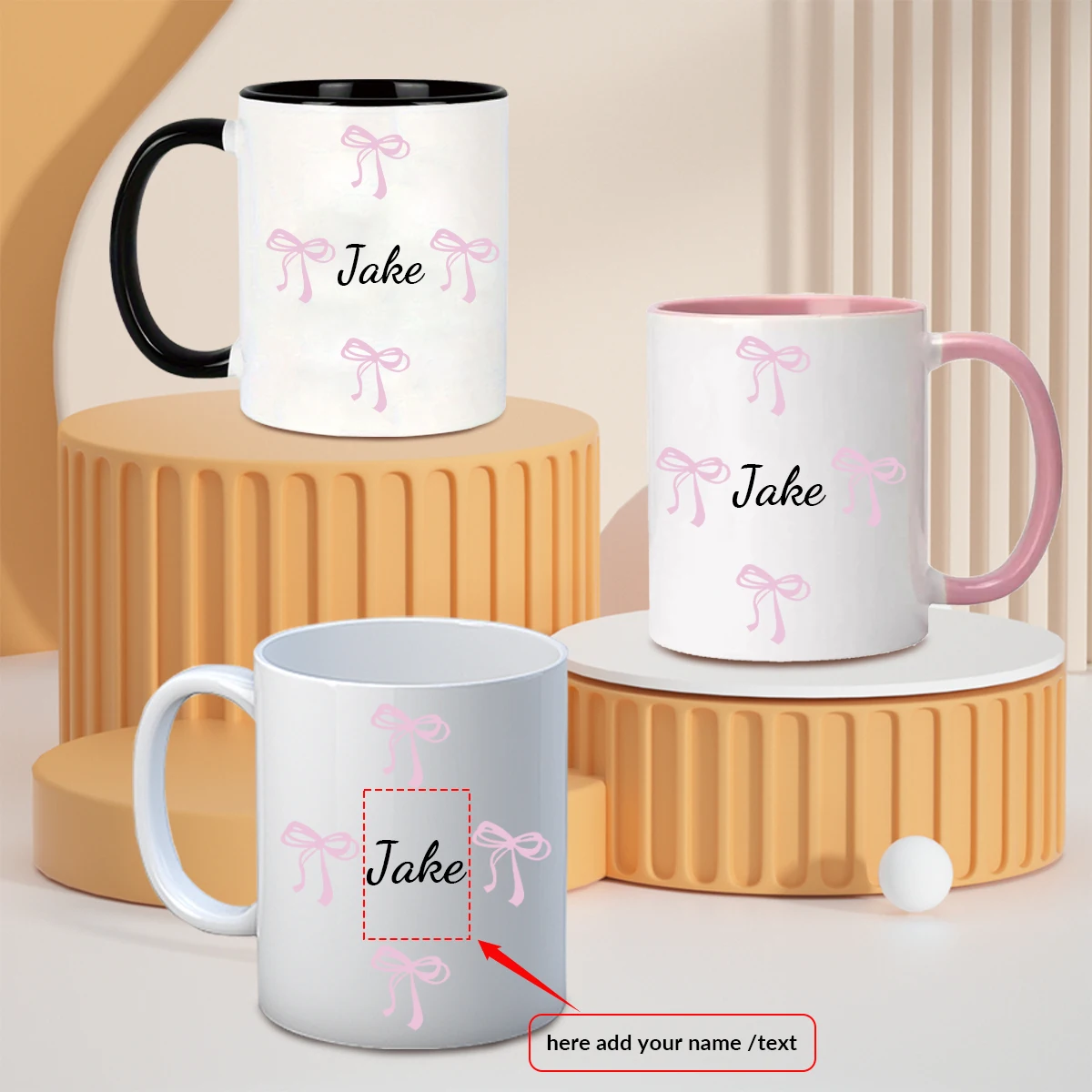 

1Pc 3D Print Customized Names Bows Ceramic Mugs Festive Party Gift For Her 11oz Environmental Protection Anti-scalding Mugs