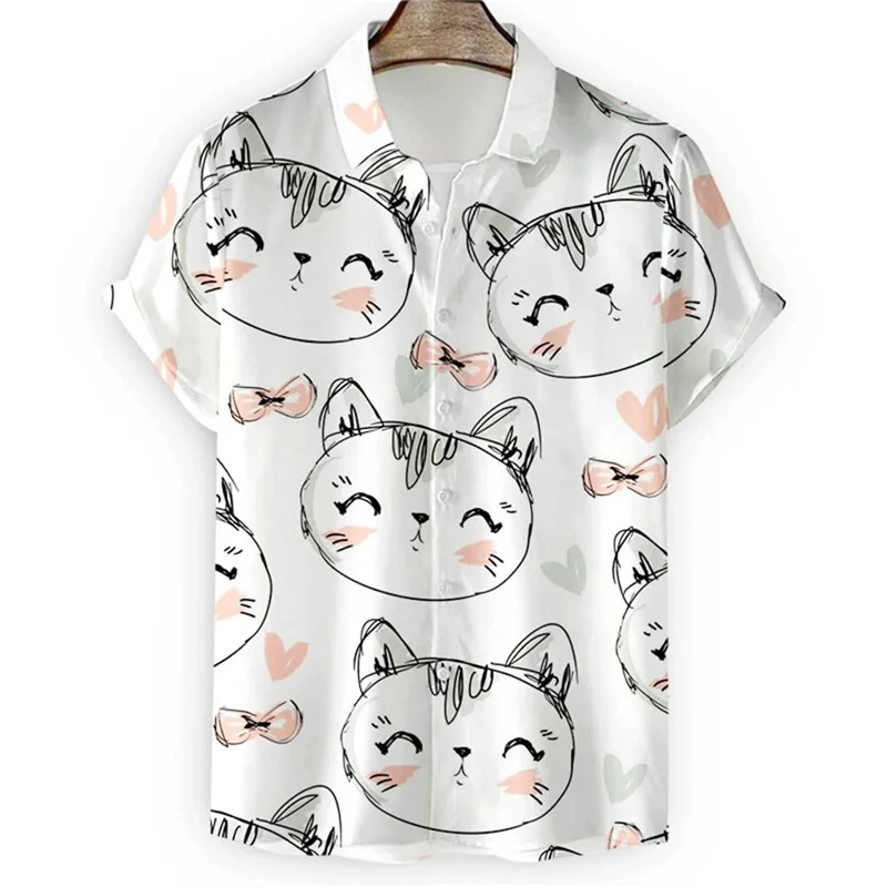 Cute 3d Cartoon Cat Print Shirt For Men Cool Summer Short Sleeve Button Loose Hawaiian Shirt Holiday Beach Shirt Kids Clothing