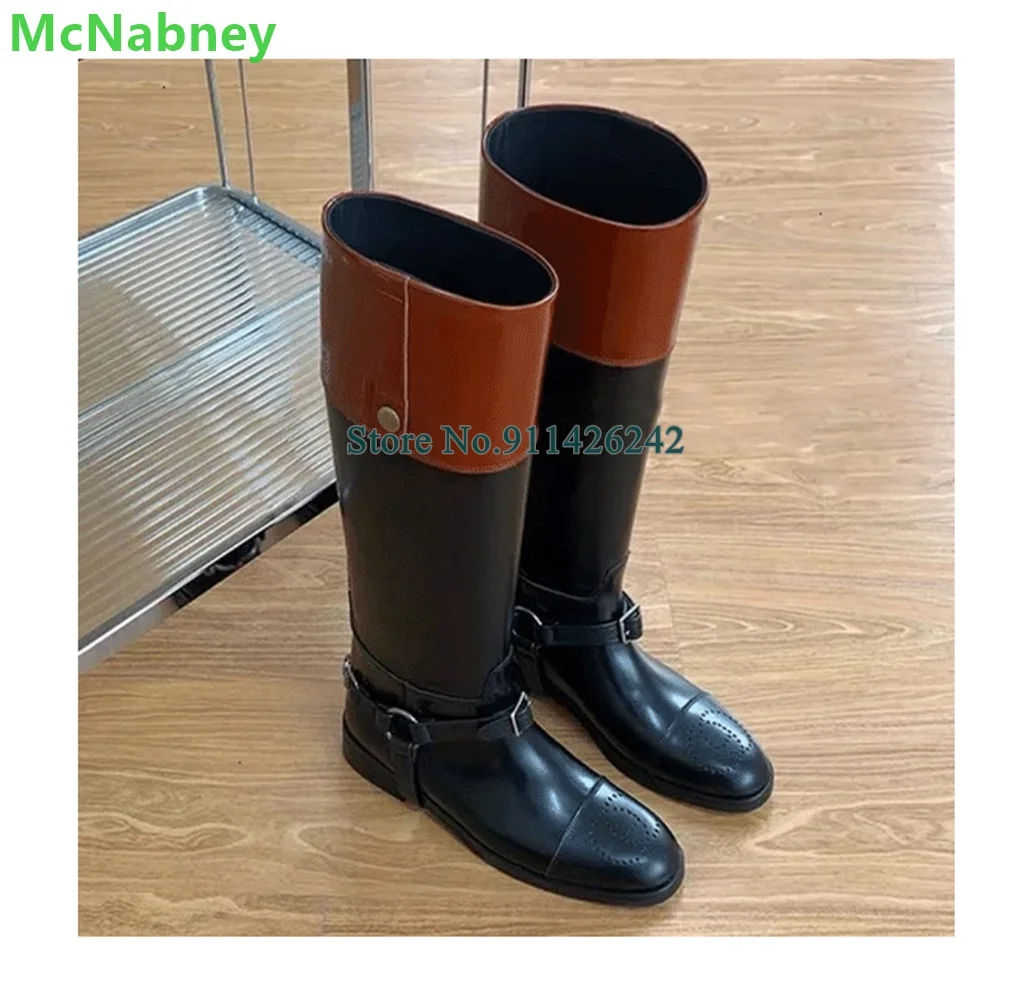 Mixed Colors Flat With Boots For Female Women Luxury Designer Round Toe Mid Calf Buckle Design Fashion Elegant Winter Shoes