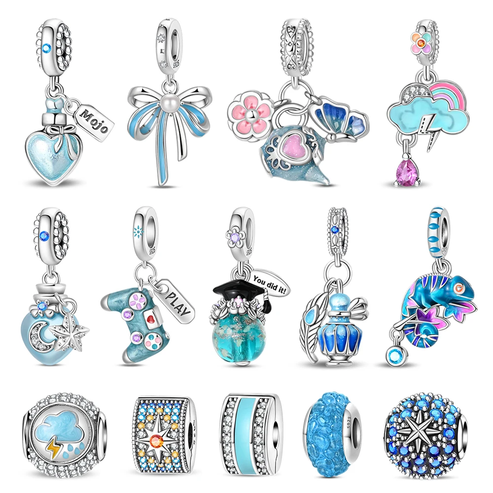Cute 925 Sterling Silver Blue Starry Cloud Game Machine Teapot String Decoration Fit DIY Bracelet Necklace Small Scale Gifts