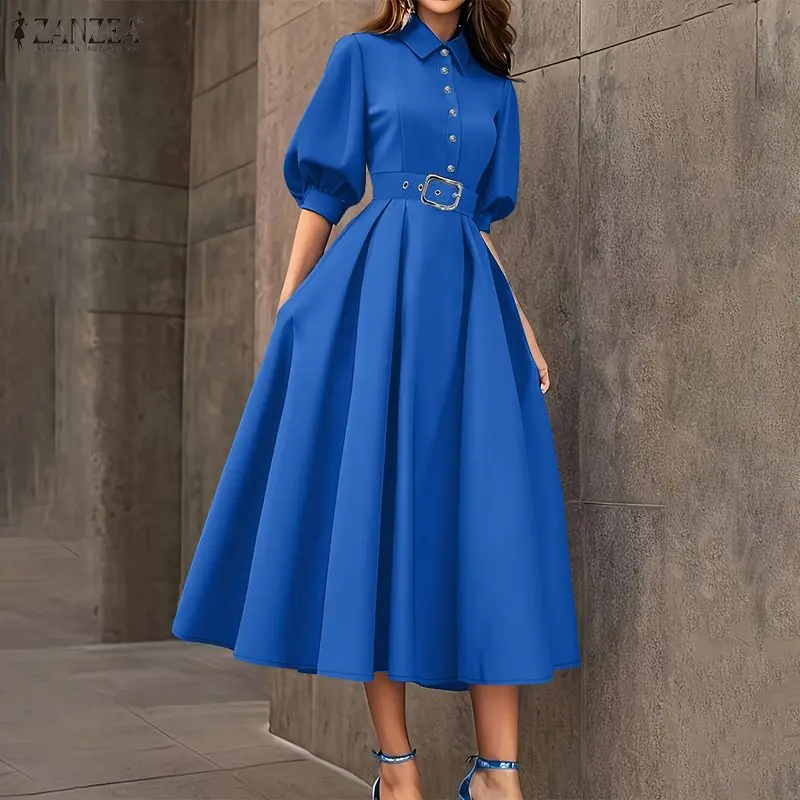 

ZANZEA Elegant Chic Women's Midi Dresses Turn-Down Collar Half Lantern Sleeve Cinch Waist A-Line Dress 2026 Summer Robes Femme