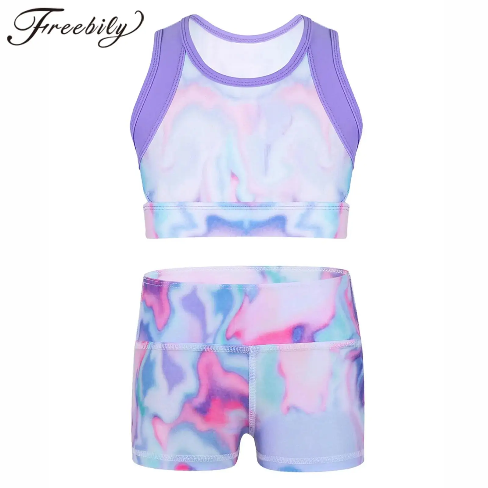 Kids Girls Gymnastics Sets Ballet Dance Outfit Colorful Sleeveless Tie-Dye Tanks Crop Top with Shorts Fitness Workout Sports Set