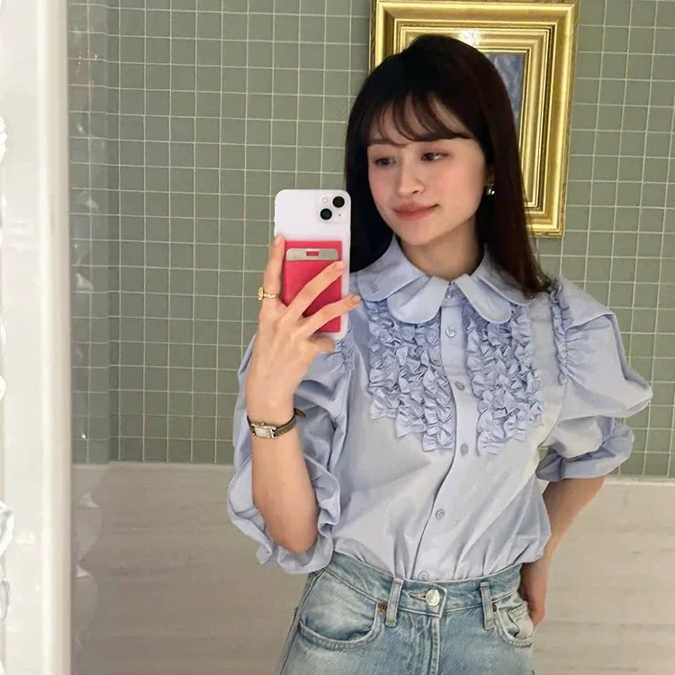 

Женская блузка с коротким рукавом и воротником-лепестком, рукава-фонарики, с эффектом древесной текстуры, повседневный комфортный стиль для поездок на работу