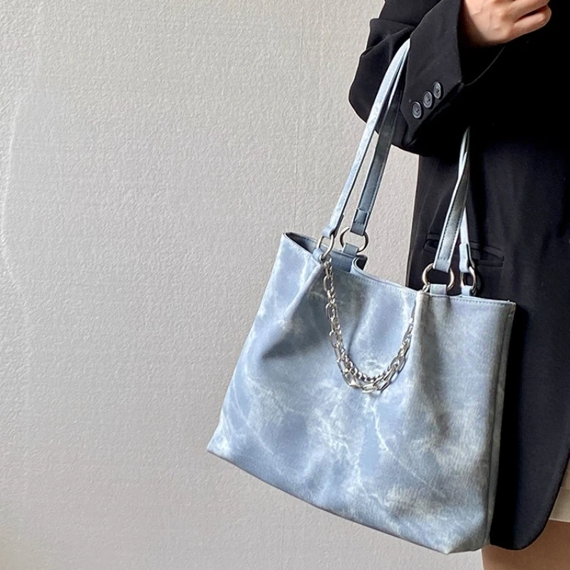 

Портативные сумки на плечо для девочек-студентов большой емкости, текстурированные женские сумки из искусственной кожи с цепочкой, повседневные сумки-тоут для женщин