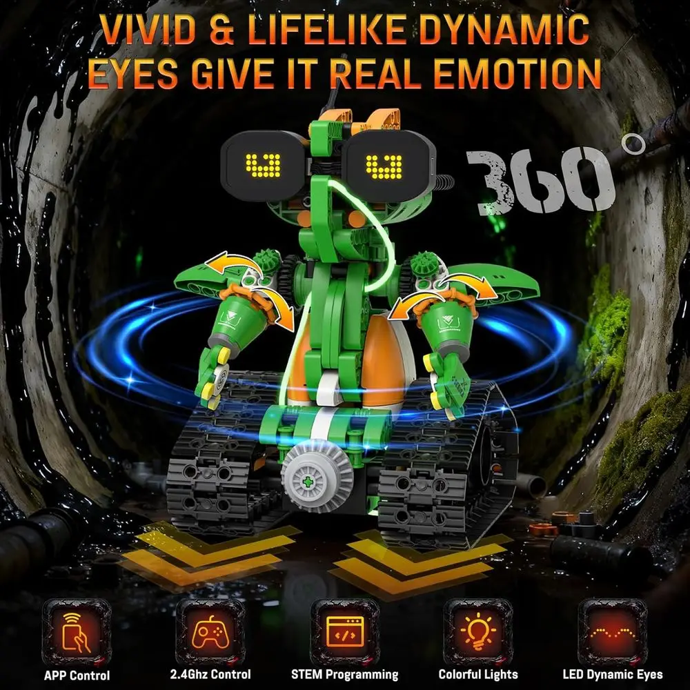 مجموعات الروبوتات الجذعية بعمر 6-12 عامًا: مجموعة بناء الضفدع للجرارات 5 في 1 للتحكم عن بعد والتطبيقات، لعبة تعليمية مكونة من 732 قطعة للأطفال