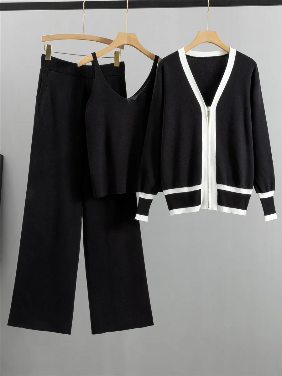 Elegant Knitted 3 Piece Sets Women V-neck Vest Zipper Knitwears Long Sleeve Cardigan Tops Suits Casual Wide Leg Pants Outfit New