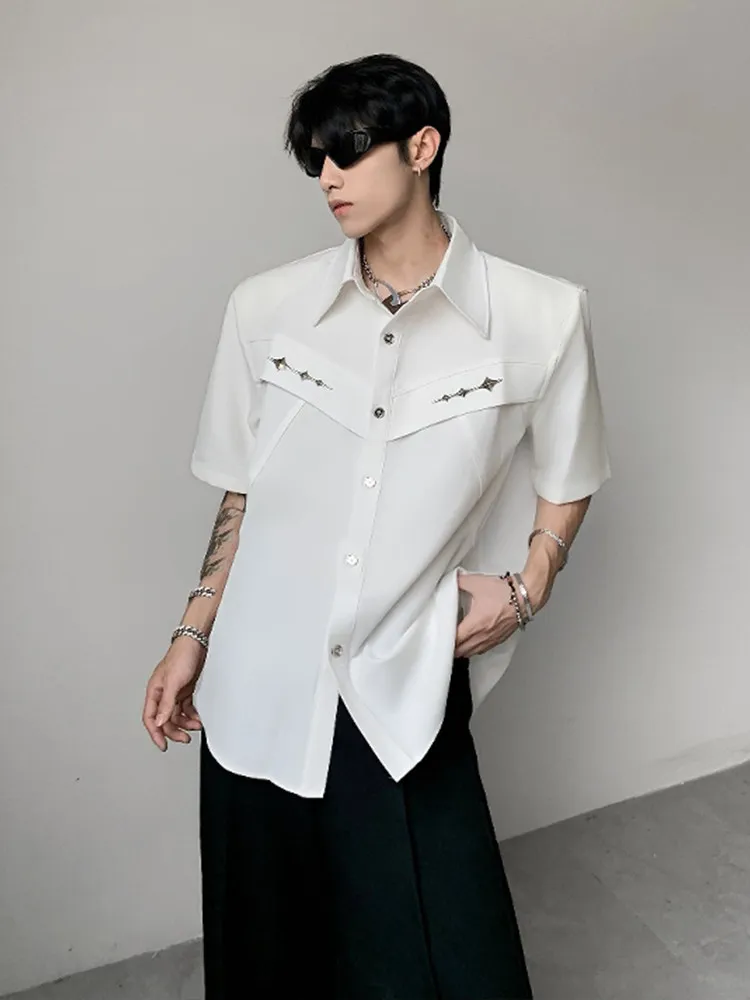 Black Men's Shirt Shoulder Pads Short Sleeve Metal Decoration American Style Half Sleeve Jacket Casual Summer High End Feeling