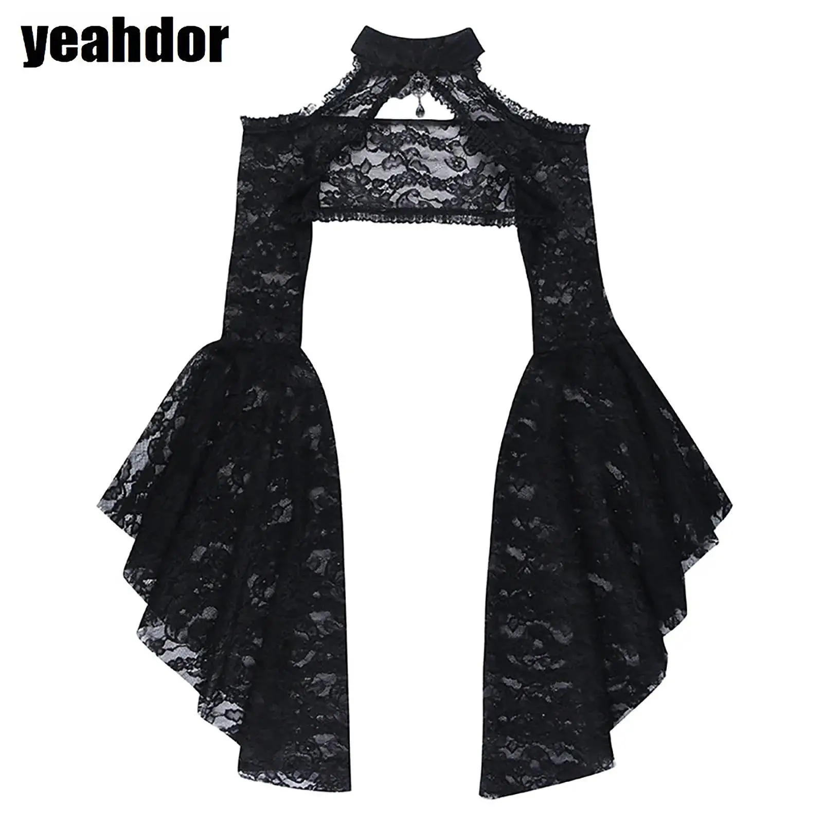 

Gothic Lace Shrug for Womens See-Through Cold Shoulder Flared Sleeve Crop Top for Halloween Theme Party Masquerade Performance