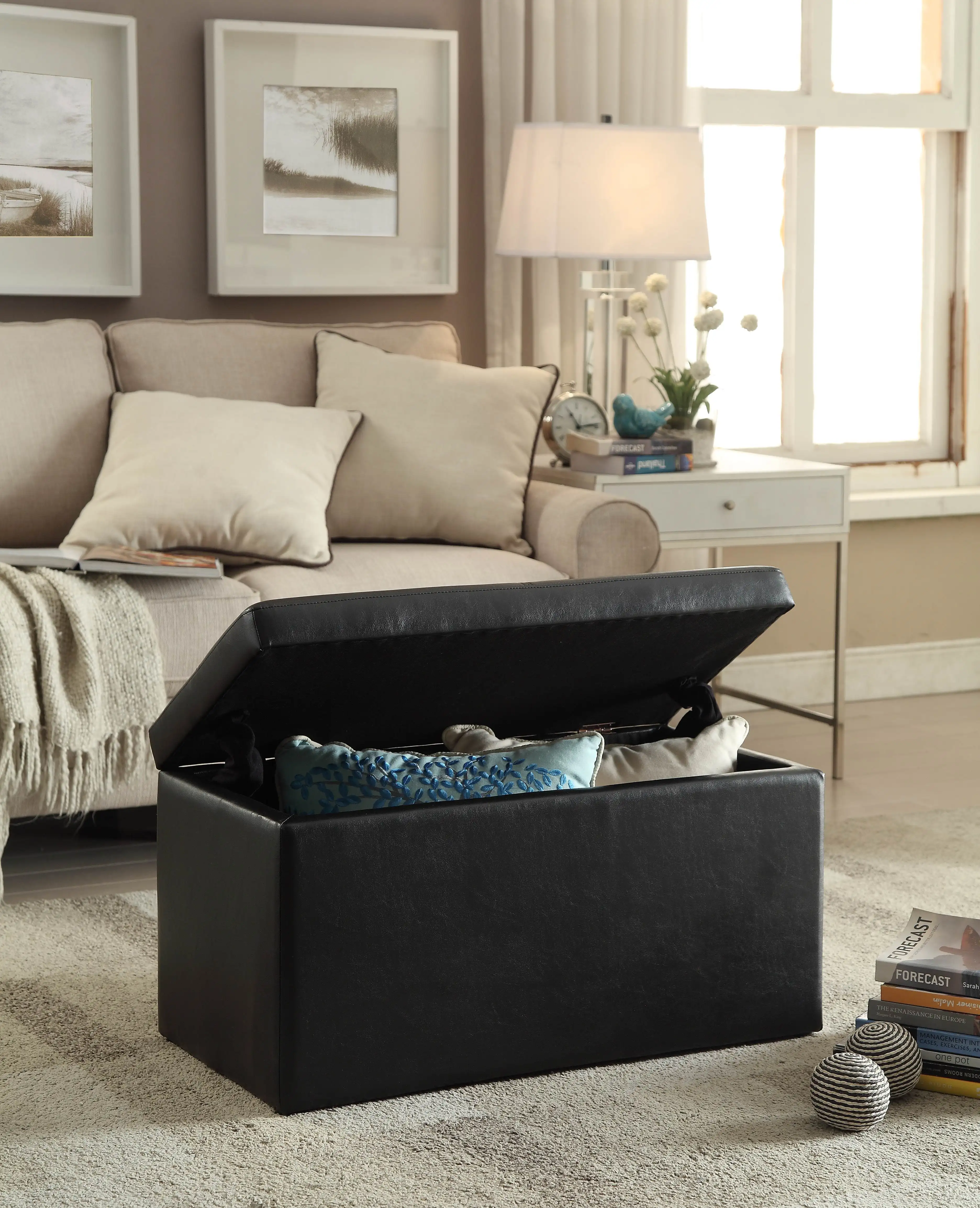 

30" Hinged Storage Ottoman, Black Faux Leather