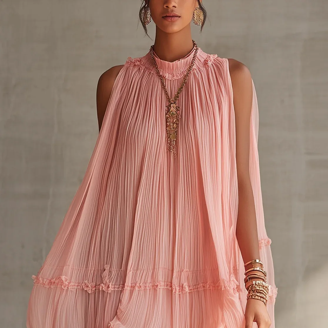 Sleeveless Pleated Short Clothes For Women, Loose-fitting Large Hem, Figure-flattering Ruffled Hem, Pleated A-line Babydoll