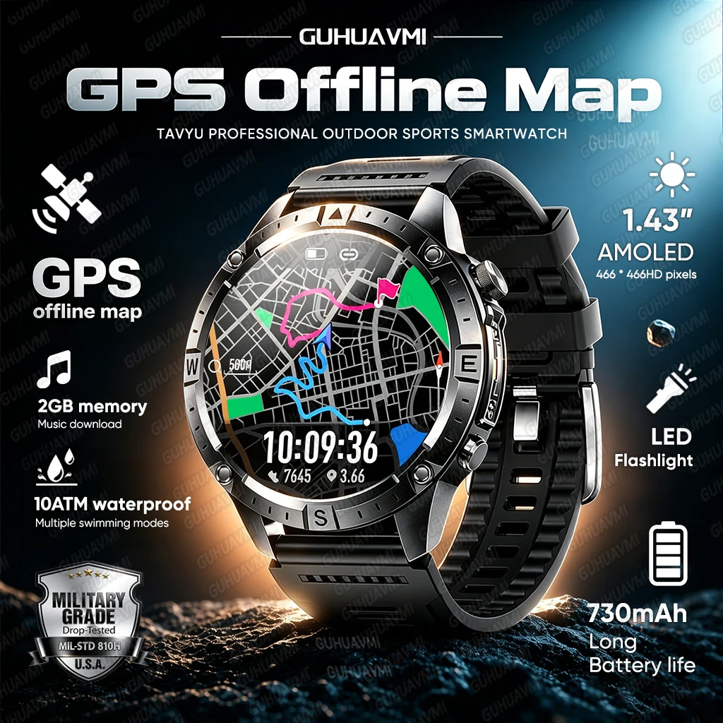 2026 New Outdoor GPS Offline Map Smart Watch Dual Band GNNS Triathlon Watch 10ATM Waterproof Compass Flashlight Sports Bracelets