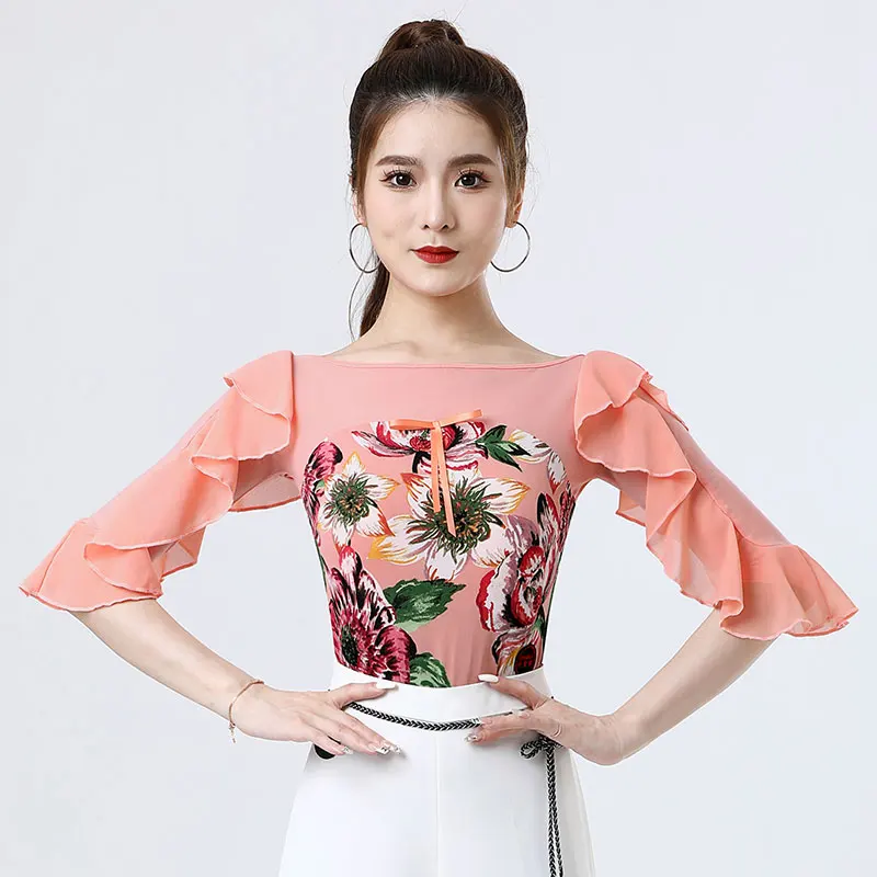 

Doubl 2024 new dance dress summer lotus sleeve chiffon edge Latin dance ballroom dance Moden top female dance dress