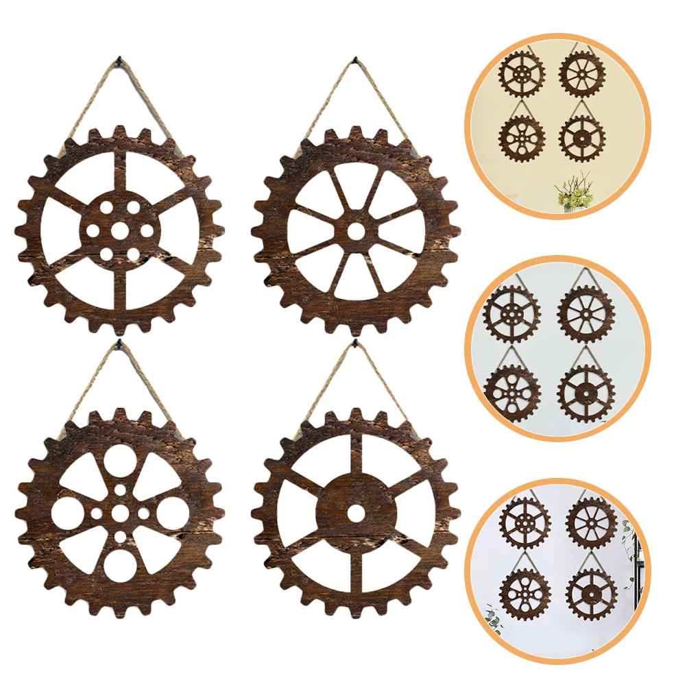 

4pcs Wood Wall Decor Industrial Style Retro Gear Pendant Vintage Home Hanging Ornament Retro Art Fence Rack Gate