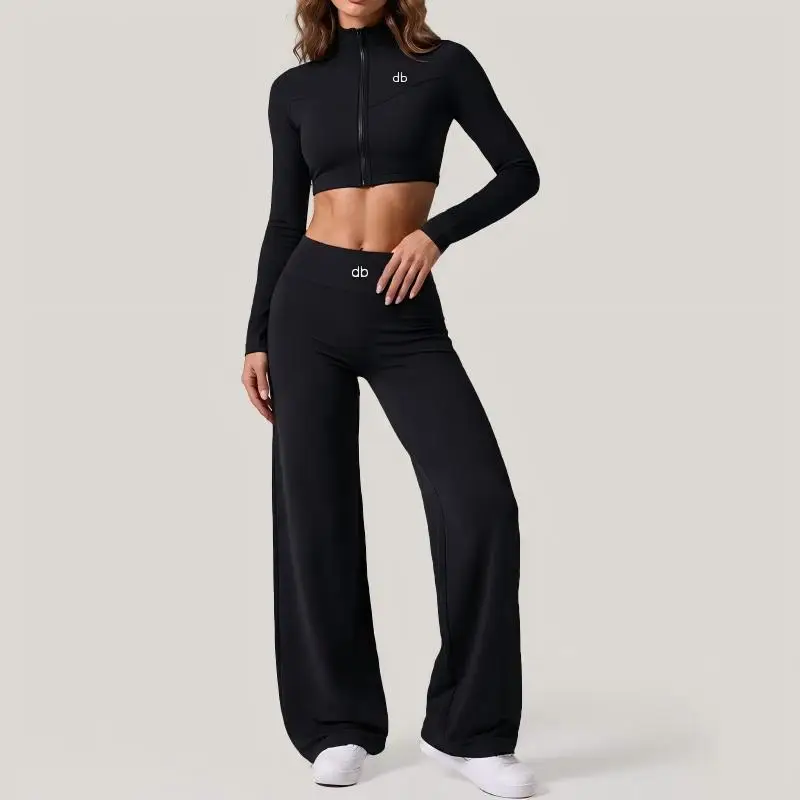 2026 Autumn Fitness Sports Set - Cardigan Short Sleeve Long-Sleeved Top Straight Micro-Lapel Yoga Pants Running Set