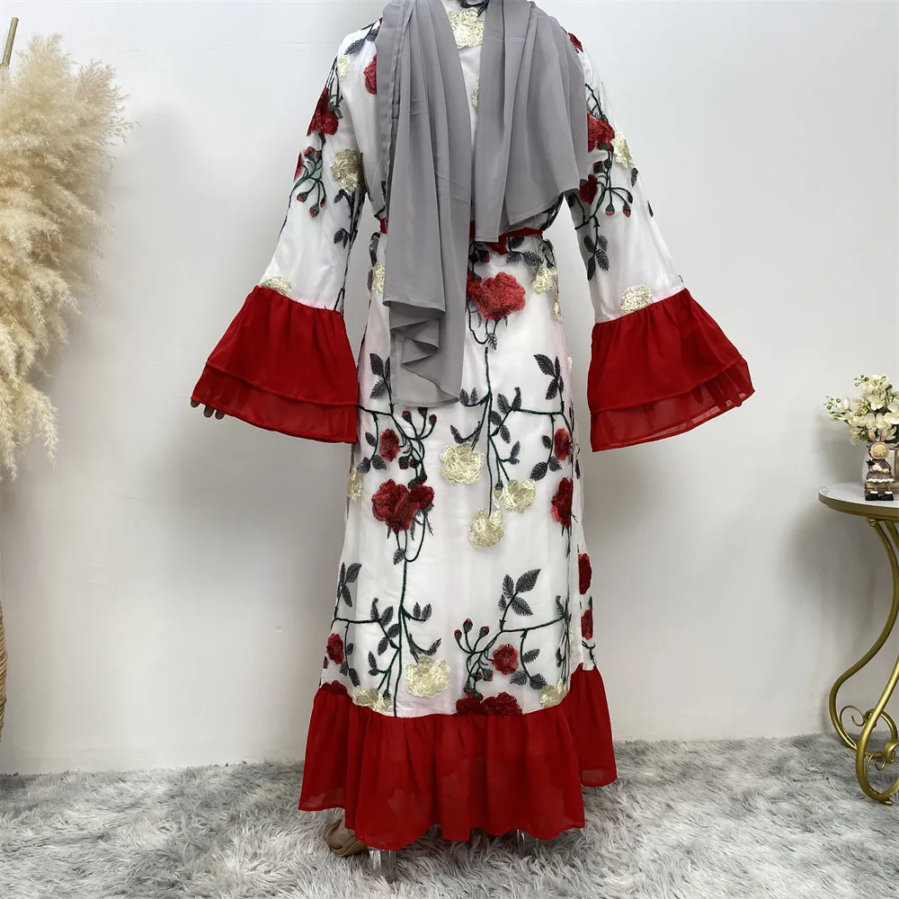 Fashion Embroidery Patchwork Abaya for Women Lace-up Eid Muslim Dress Morocco Abayas Kaftan Islam Cardigan Kaftan Femme Musulman