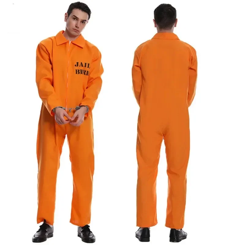Adult Halloween Orange Prisoner Costume Outfits Men Prisoner Tangerine COS Jumpsuit Novelty Holiday Carnival Party Dress Up