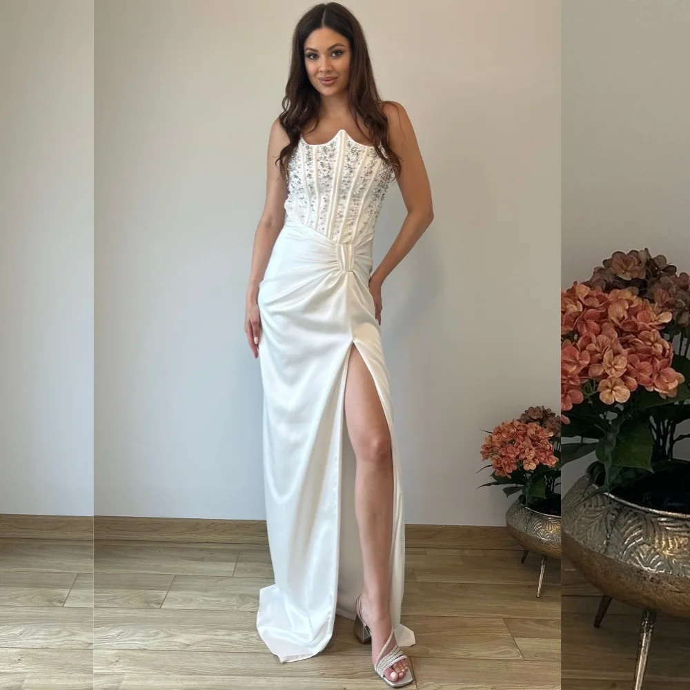 

Customized Chinese Style Charmeuse Sequined Pleat TrumpetStraplessLong Dresses Bespoke Occasion Exquisite