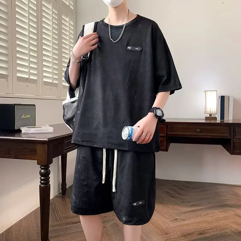 

Мужской костюм с короткими рукавами и вышивкой галстука-красителем, мужская летняя футболка в ленивом стиле, шорты, комплект из двух предметов, летняя модная брендовая домашняя одежда