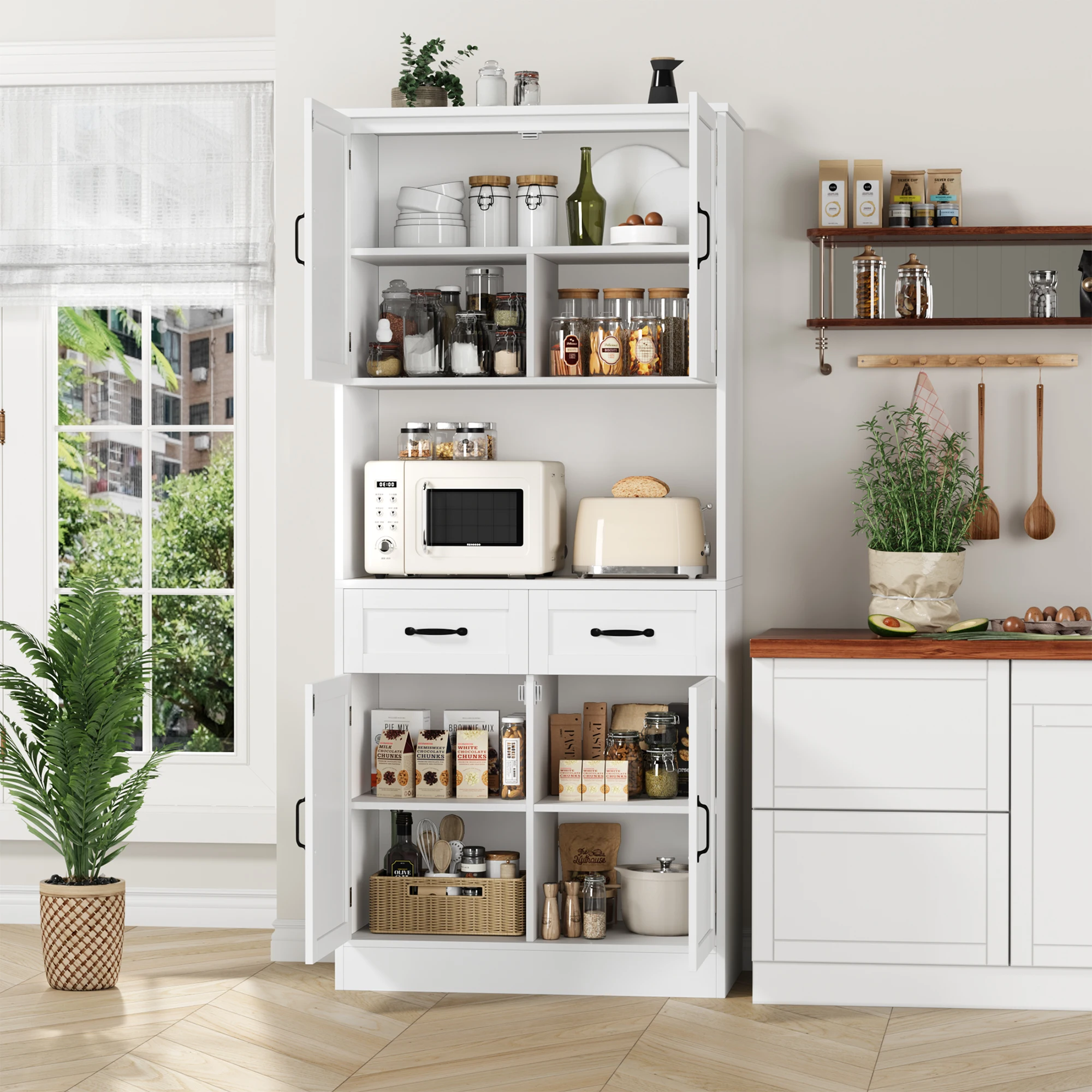 Kitchen wardrobe, 180cm buffet wardrobe with work plate, storage wardrobe kitchen with 4 doors and 2 drawers, high wardrobe multi-purpose