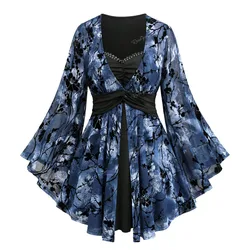 ROSEGAL Plus Size Women's Ruched Lace Trim T-shirts, Layered Flare Sleeve, 2 in 1 Blouse Spring Autumn Casual Tops