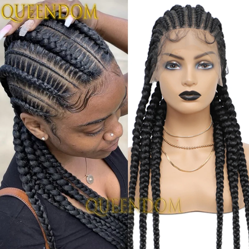 Peluca trenzada de gemelos holandeses sintéticas de 36 pulgadas, peluca trenzada trenzada desgastada sin nudos, peluca trenzada de caja de ganchillo de encaje completo sin tarifa