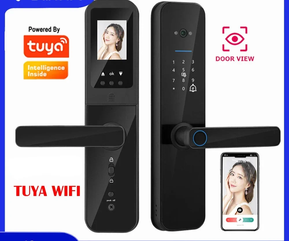 

Tuya Wifi Digital Electronic Smart Door Lock With Biometric Camera Fingerprint Smart Card Password Key Unlock