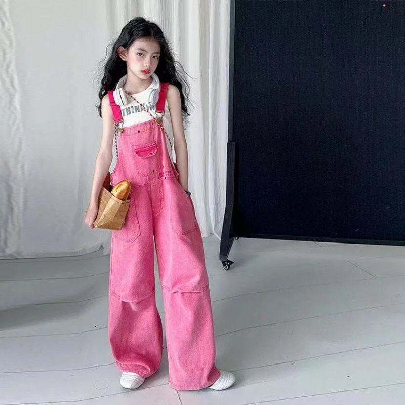 

Elegant Children Pink Suspenders Jeans Overalls for Girls Baby Fitness Pink Denim Jumpsuit Luxury Kids Jeans Pants with Straps