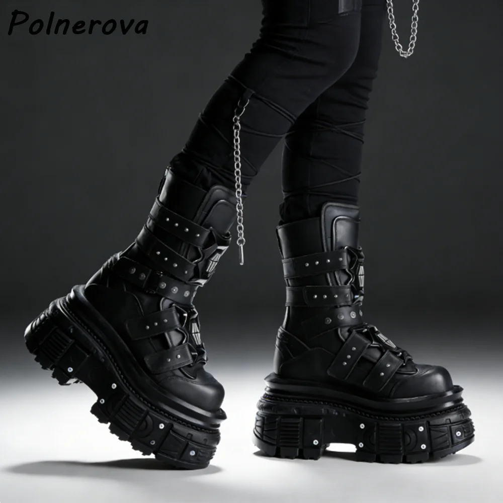 

Black Rivet Thick Soled Tank Boots Round Toe Leather Metal Decoration Dark Punk Shoes Couple Winter Warm Buckle Belt Ankle Boots