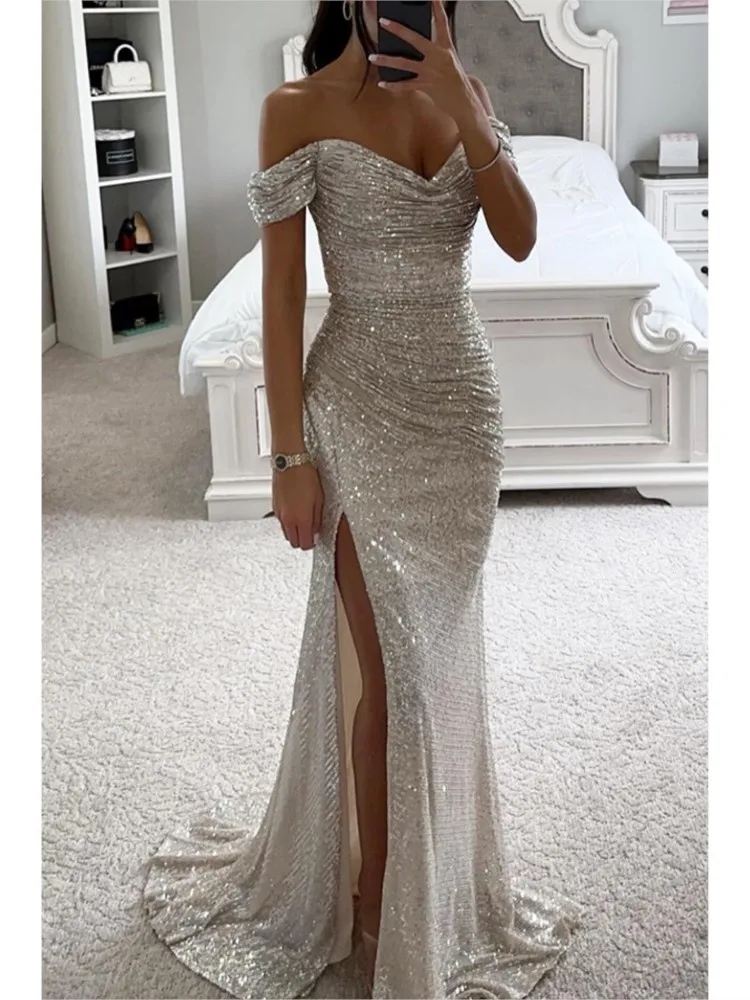 

Women's Sexy Party Split Maxi Dress New Sequined One-line Collar Dress Fashion Elegant Prom Eveging Dresses For Women Robe Femme