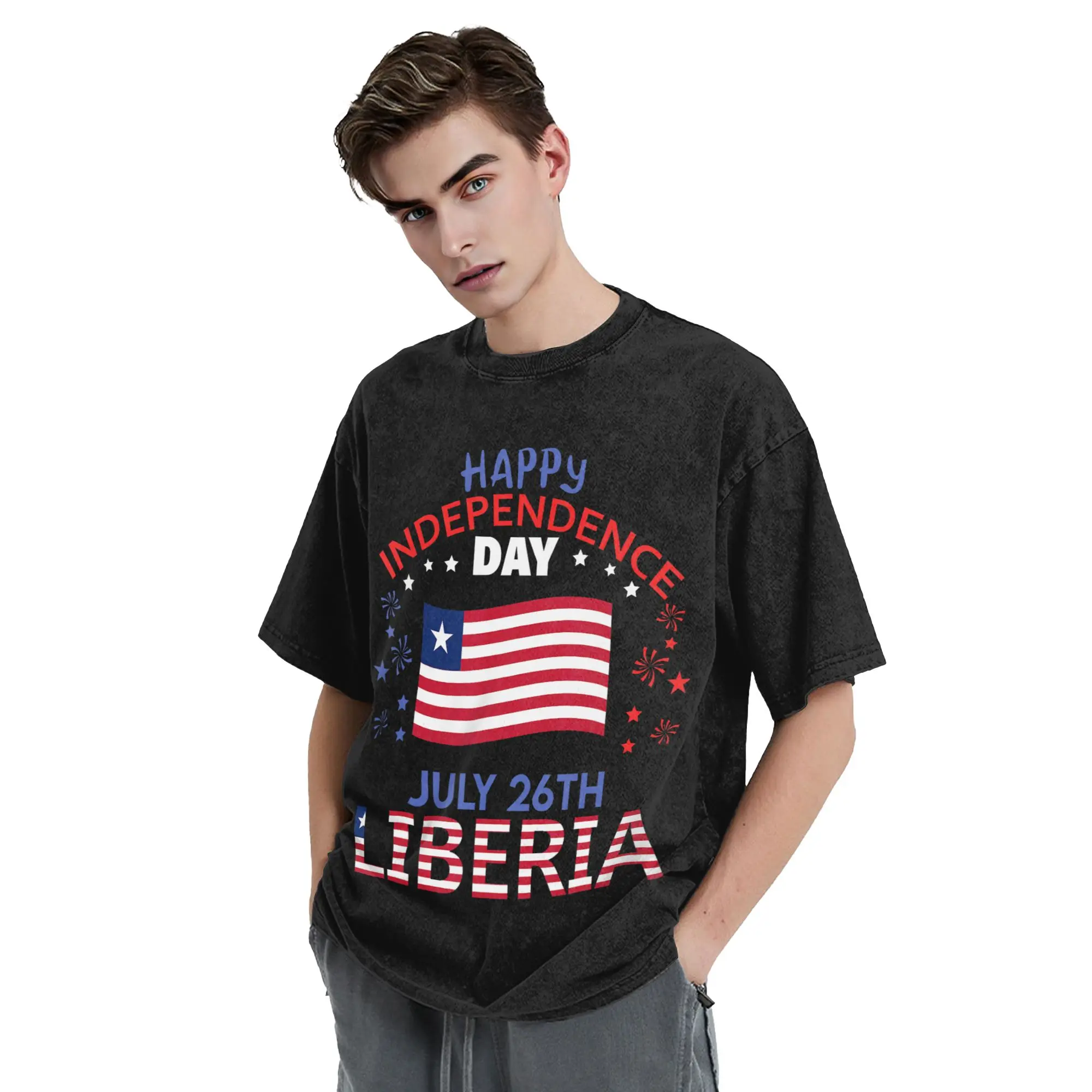 Happy Liberia Independence Day Liberia Liberian Flag Washed T Shirts Streetwear T-Shirt Tees Men Women Cotton Harajuku Summer