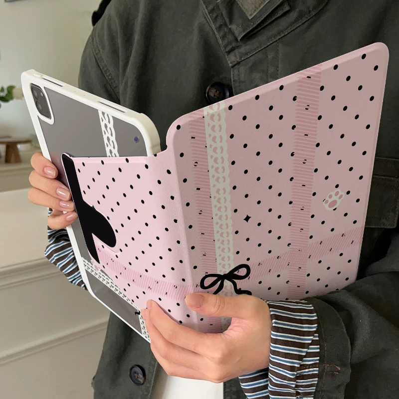 Pink Polka Dot Lace Bow Tablet Case For iPad Pro 11 12.9 13 A16 M2 M4 M3 M5 Shell 8.3 9.7 10.2 5/6/7/8/9/10/11th Air 3 4 5 Cover